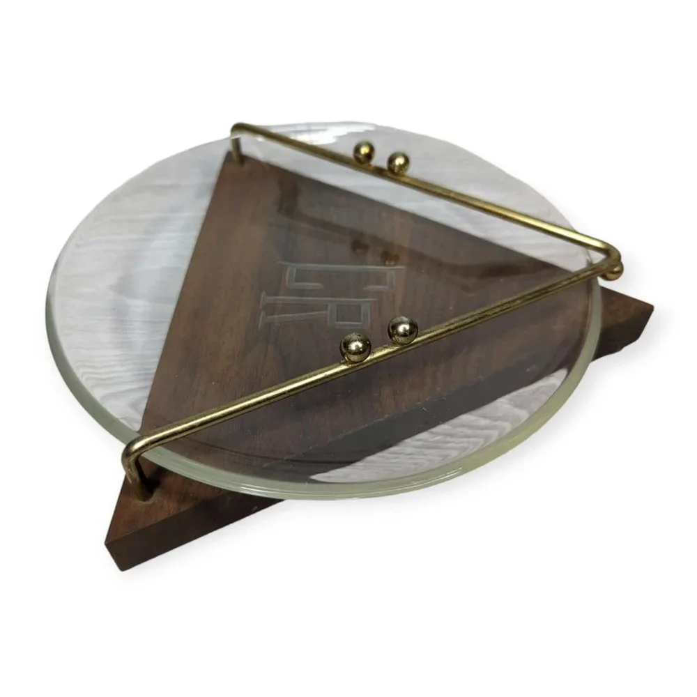 Vintage MCM Glass, Wood & Metal Ash Tray